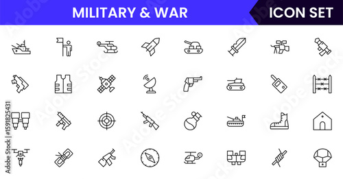 Military and War vector web line icon collection, sleek illustrations of tanks, medals, shields, strategy for bold, tactical designs.