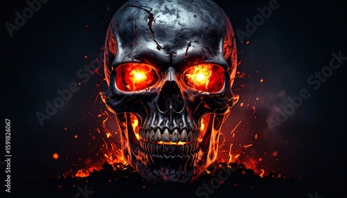 Fiery skull set against dark background