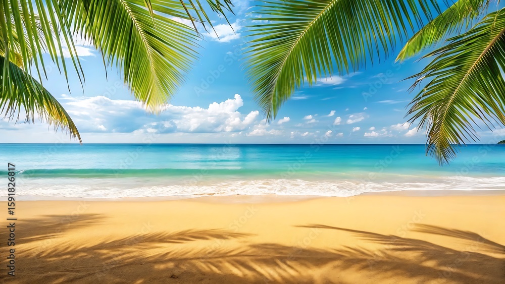 Obraz premium Serene Tropical Beach Scene: Palm Tree Shadows on Golden Sand, Turquoise Ocean, Sunny Sky