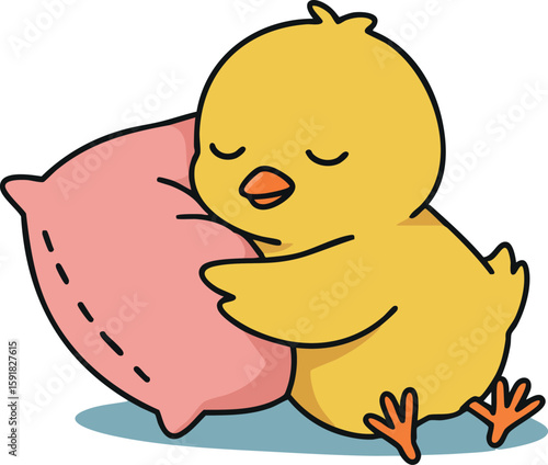 Cute yellow chick sleeping peacefully hugging pink pillow cartoon vector illustration