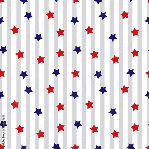 Red and blue stars on stripes background seamless pattern. Hand drawn vector illustration. For Cosmonautics Day, banners, covers, wrapping paper, wallpaper, textile.