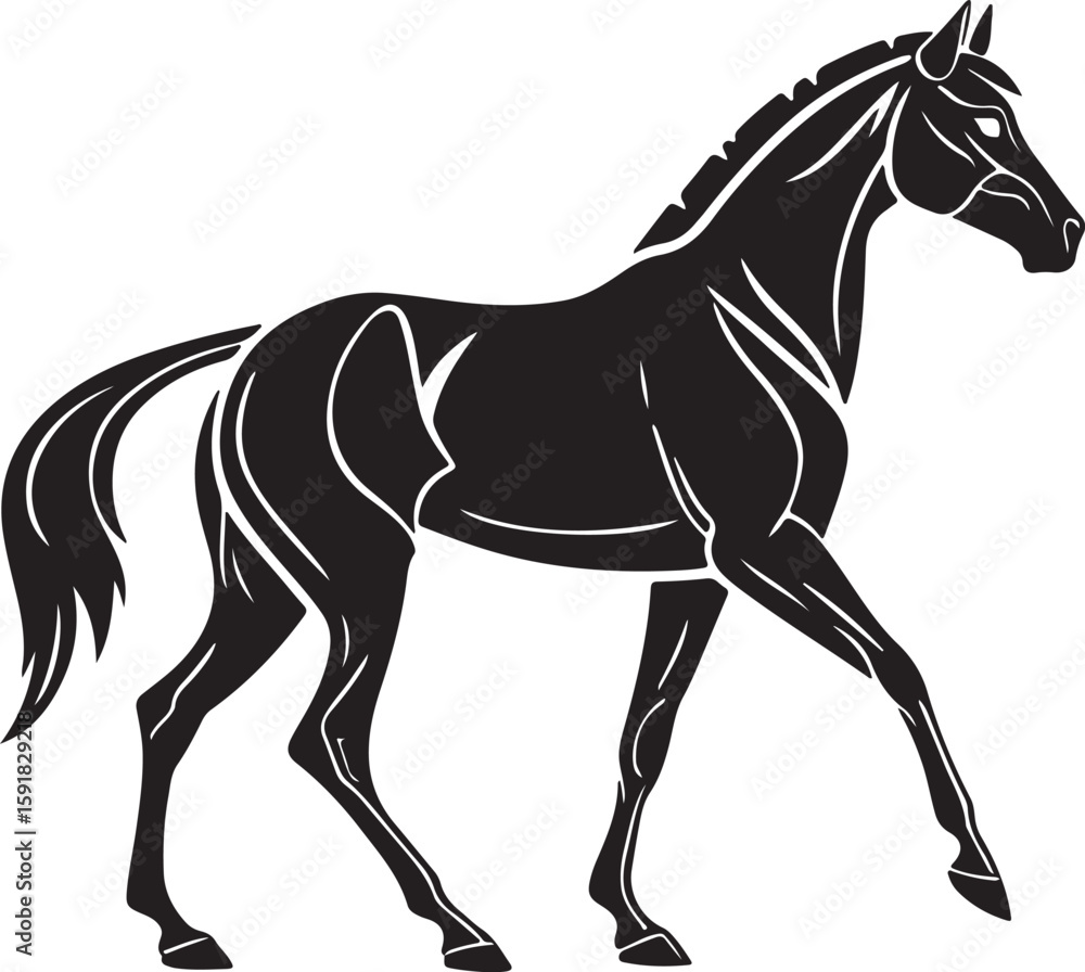 Obraz premium A black and white illustration of a horse set against a stark white backdrop, emphasizing its silhouette