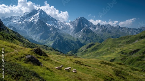Bright blue sky above as hikers traverse green alpine pastures dotted with grazing sheep and framed by majestic mountain peaks in the Alps
