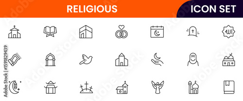 Religious vector web line icon collection, sleek illustrations of symbols, prayers, sacred texts, worship for spiritual, reverent designs.