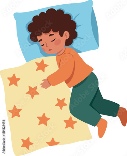 Sleeping child in orange shirt and green pants on star patterned blanket vector illustration