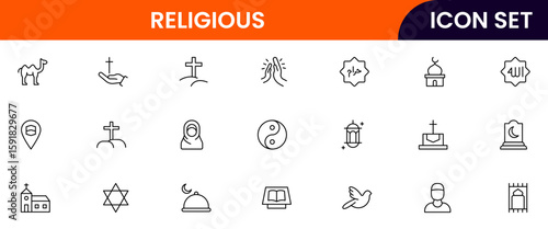 Religious vector web line icon collection, sleek illustrations of symbols, prayers, sacred texts, worship for spiritual, reverent designs.