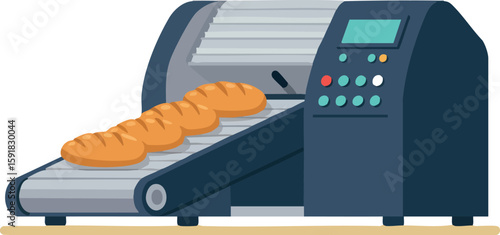 Bread Baking Machine Producing Fresh Loaves on Conveyor Belt Vector Illustration
