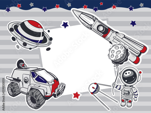 Astronaut with a moon balloon, rocket, planet, space car, stars. Horizontal frame. Hand drawn vector illustration. For Cosmonautics Day cards, banners, posters, covers, tickets, invitations.