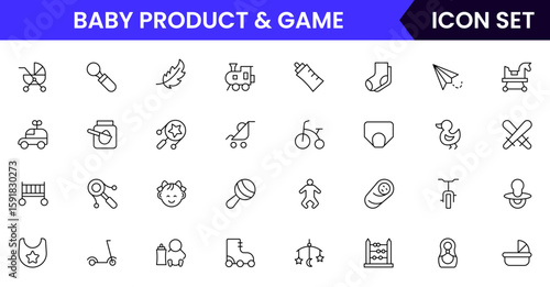 Baby Product and Game vector web line icon collection, sleek illustrations of toys, bottles, cribs, games for playful, nurturing designs.