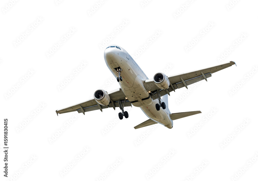 Obraz premium A white passenger airplane with engines visible, flying against a transparent background