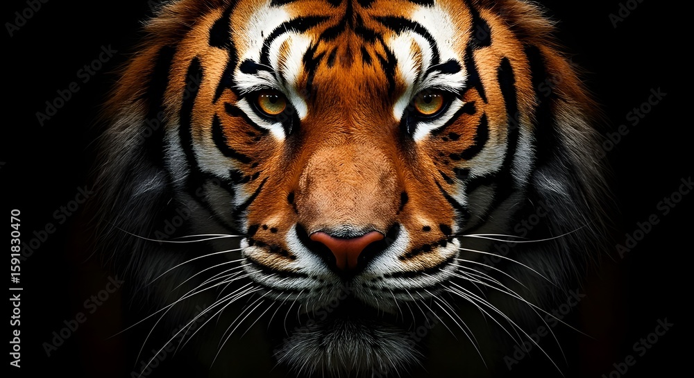 Fototapeta premium Close-Up Glowing Eyed Tiger Head on Dark Background, Fierce Wild Animal