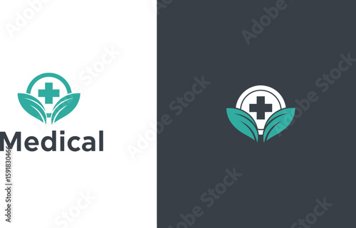 A nature inspired medical logo presenting healthcare, pharmacy symbol with a green cross and leaves, suitable for clinics and health services.