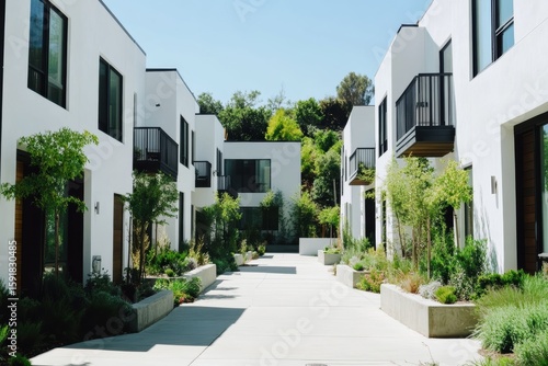 Modern townhouses with white walls and black windows, surrounded by greenery