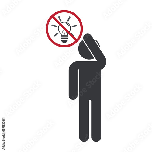 Isolated pictogram of a person with crossed-out light bulb icon, symbolizing no idea, lack of creativity, unproductive thinking, and mental block.