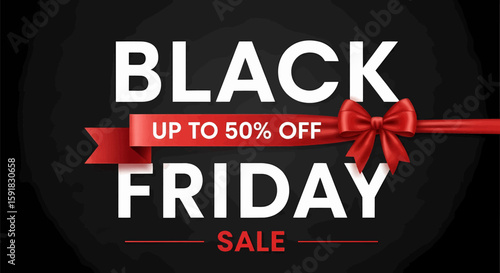 Black Friday Deals Save Up to 50% on Sales with Red Ribbon and Elegant Typography
