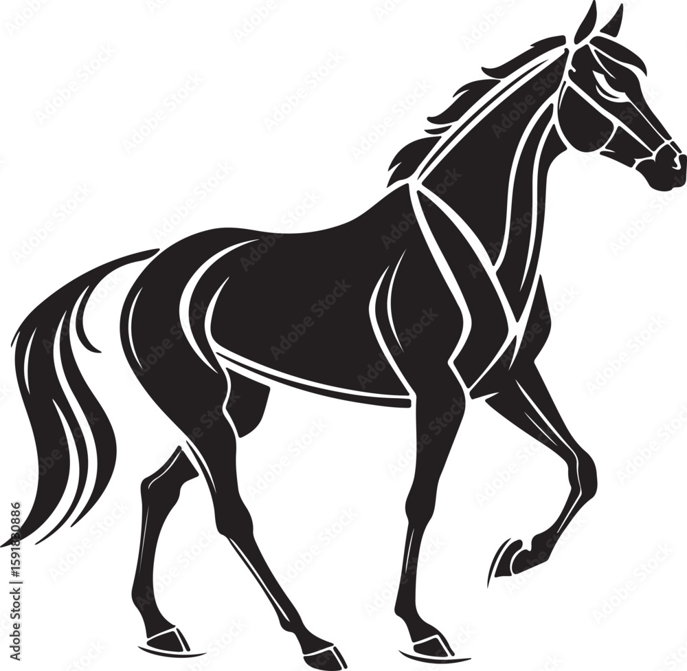 Obraz premium A black and white illustration of a horse set against a stark white backdrop, emphasizing its silhouette