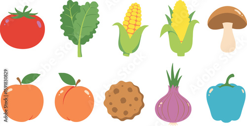 Vector art of a delightful variety of cartoon fruits, vegetables, and a cookie isolated on transparent background