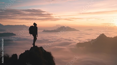 Wallpaper Mural Silhouette of a lone hiker with a backpack standing on a mountain peak at sunset, embodying adventure, freedom, and triumph. Perfect for travel, outdoor, or inspirational themes Torontodigital.ca