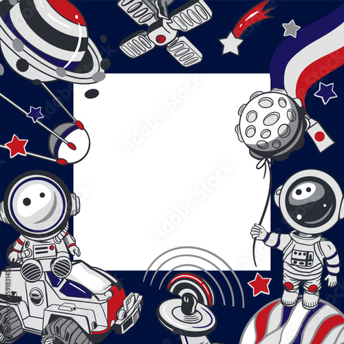 Astronauts, planets, stars, satellite. Square frame. Hand drawn vector illustration. For Cosmonautics Day cards, banners, posters, covers, tickets, invitations.