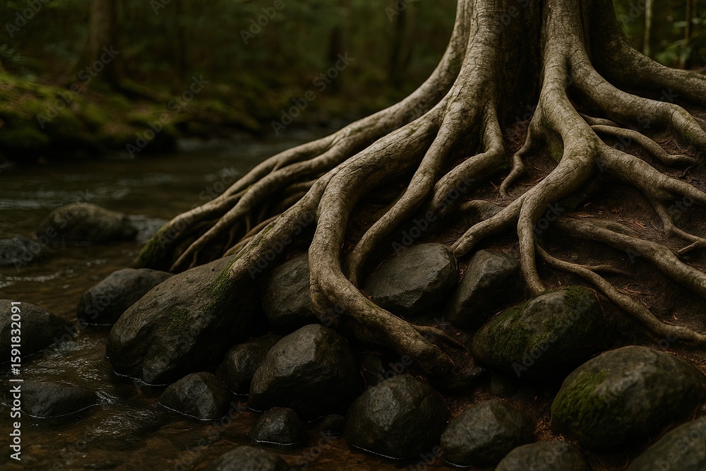 Fototapeta premium Close-up of Large Tree Roots Spreading Over Rocks Along Forest Stream in Nature Scene.