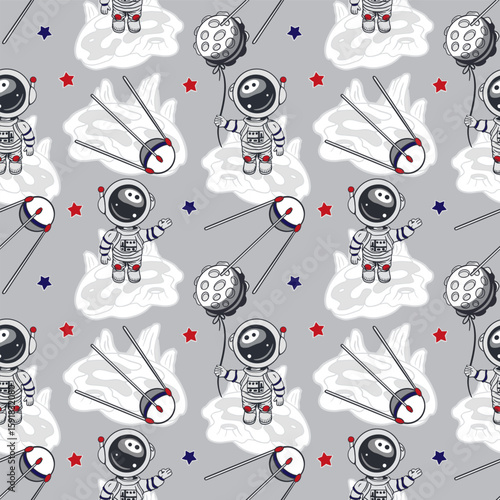 Astronauts, moon, satellite, stars seamless pattern. Hand drawn vector illustration. For Cosmonautics Day, banners, covers, wrapping paper, wallpaper, textile.