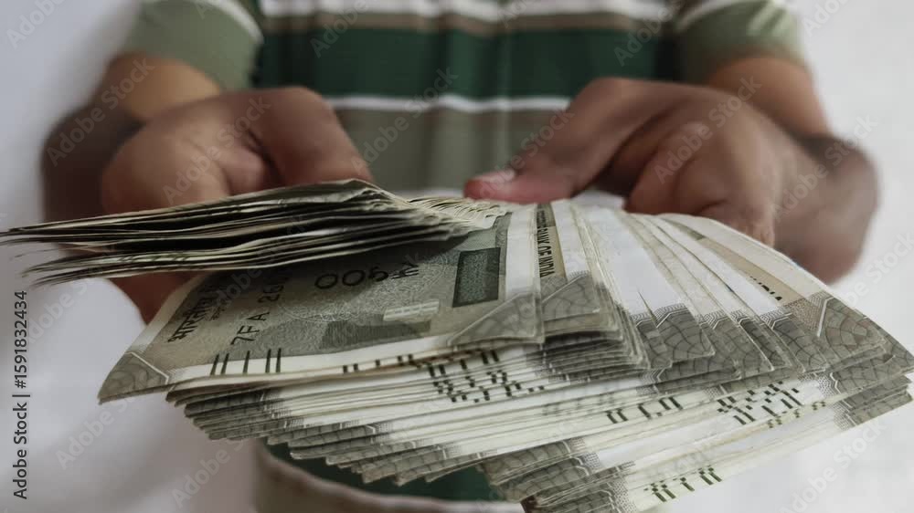 India rupee currency or indian money closeup. adult person hand offering banknote towards camera. Sharing, charity, donation, support, compassion, humanity and community help concept.
