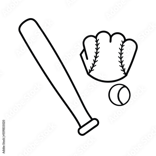American baseball glove holding ball next to bat illustration