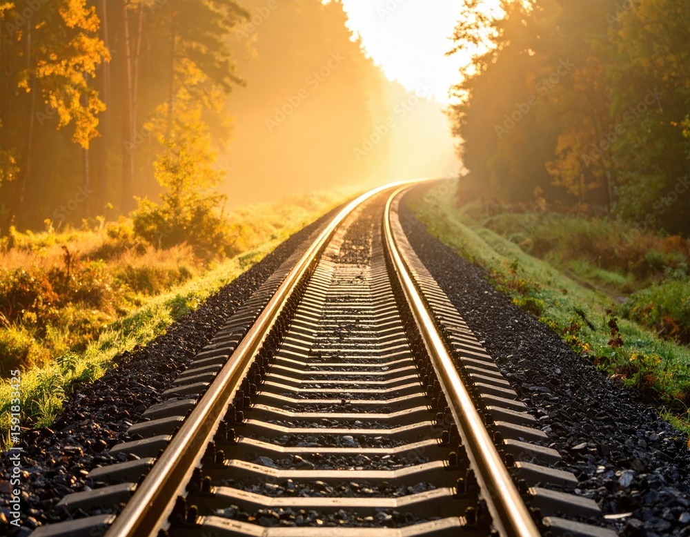 Obraz premium Sunny railway track through a golden forest