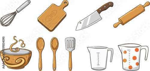 Vector art of a collection of essential kitchen and baking tools including whisks, cutting boards, and measuring cups isolated on transparent background