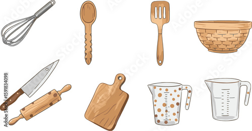 Vector art of an array of kitchen and baking essentials including whisks, spoons, cutting boards, and measuring cups isolated on transparent background