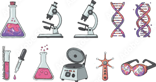 Vector art of a variety of scientific laboratory equipment, including microscopes and flasks isolated on transparent background