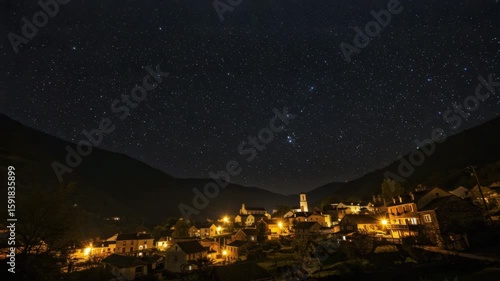 Small village under night sky with stars and illuminated buildings  