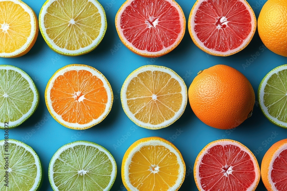 Fototapeta premium Fresh citrus fruit arrangement showcasing vibrant colors and variety for advertising layout