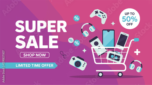 Super Sale banner with shopping cart and electronics 1