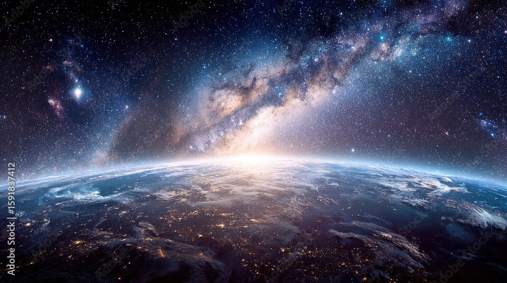 Fototapeta premium Earth glows beneath the Milky Way, city lights sparkling in contrast with the cosmic wonder above.