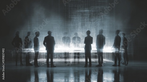 Silhouettes of business figures around a glowing data table, a conceptual representation of technological discussion and collaboration, a futuristic meeting