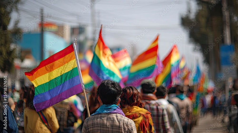 Obraz premium People proudly march down a city street with many rainbow flags, expressing unity and celebration.
