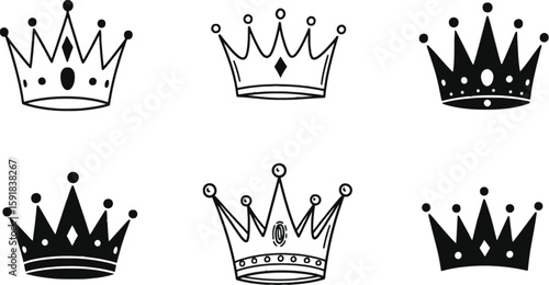 Vector art of a set of six elegantly sketched crowns isolated on transparent background, symbolizing royalty and prestige