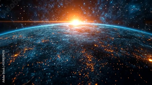 Spectacular sunrise over illuminated earth in deep space galaxy scene animation
