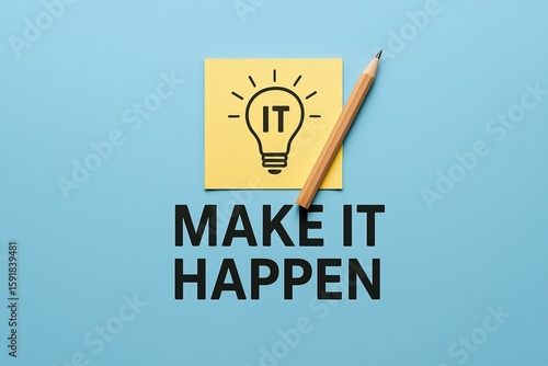 Motivational message with lightbulb icon and pencil on blue background for inspiration.