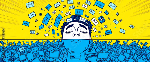 8K comic illustration of a person under digital siege, message icons and play buttons spiraling around their head. The scene splits: upper yellow calm vs. lower blue storm of endless online input.

