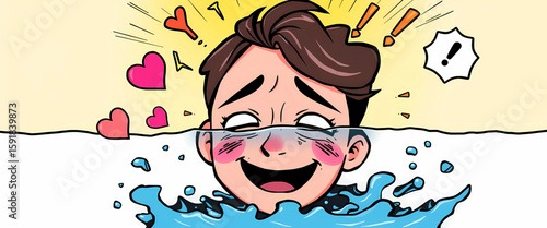 Stylized 8K comic showing a person half-smiling, half-crying, with swirling emotional icons (hearts, lightning bolts, exclamation points) around their head. Bright yellow mood above.