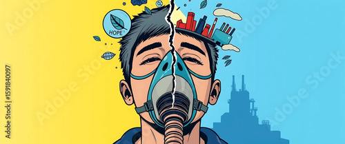 8K comic illustration of a person breathing through a cracked oxygen mask, while icons of leaves and factories orbit their head. Background split into yellow hope above and blue ecological collapse.