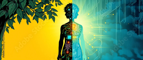Stylized 8K comic of a human silhouette split down the middle — one side covered in leaves, the other in glowing microchips. Background divided into golden yellow nature above, stormy blue tech grid.