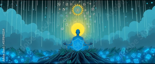 8K comic of a figure meditating as tech symbols rain from the sky, bouncing off a shield of leaves and roots. Tranquil yellow aura above; aggressive blue digital flood below.

