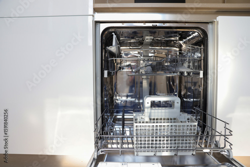 Open Dishwasher with Rack and Basket
