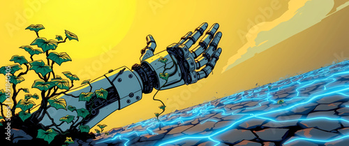 Stylized comic artwork in 8K showing vines crawling up a robotic hand that’s reaching toward the sky. Above glows warm yellow sunlight; below churns with electric blue code lines and cracked soil.

