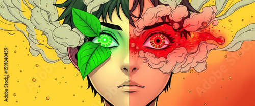 High-res comic of a person with one eye glowing green like a leaf and the other like a red sensor, surrounded by swirling clouds of pollen and digital pixels. 