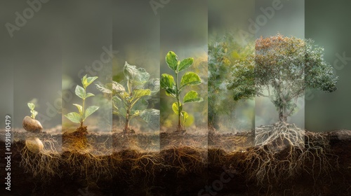 Plant growth stages with exposed roots and soil, a visual representation of the life cycle from seed to mature tree, a botanical process