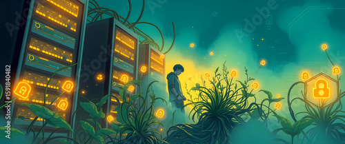 Stylized 8K illustration of a person trapped between humming server towers and wild growing plants, with icons of firewalls and roots spinning in chaos. Upper half in yellow glow, lower in deep glitch